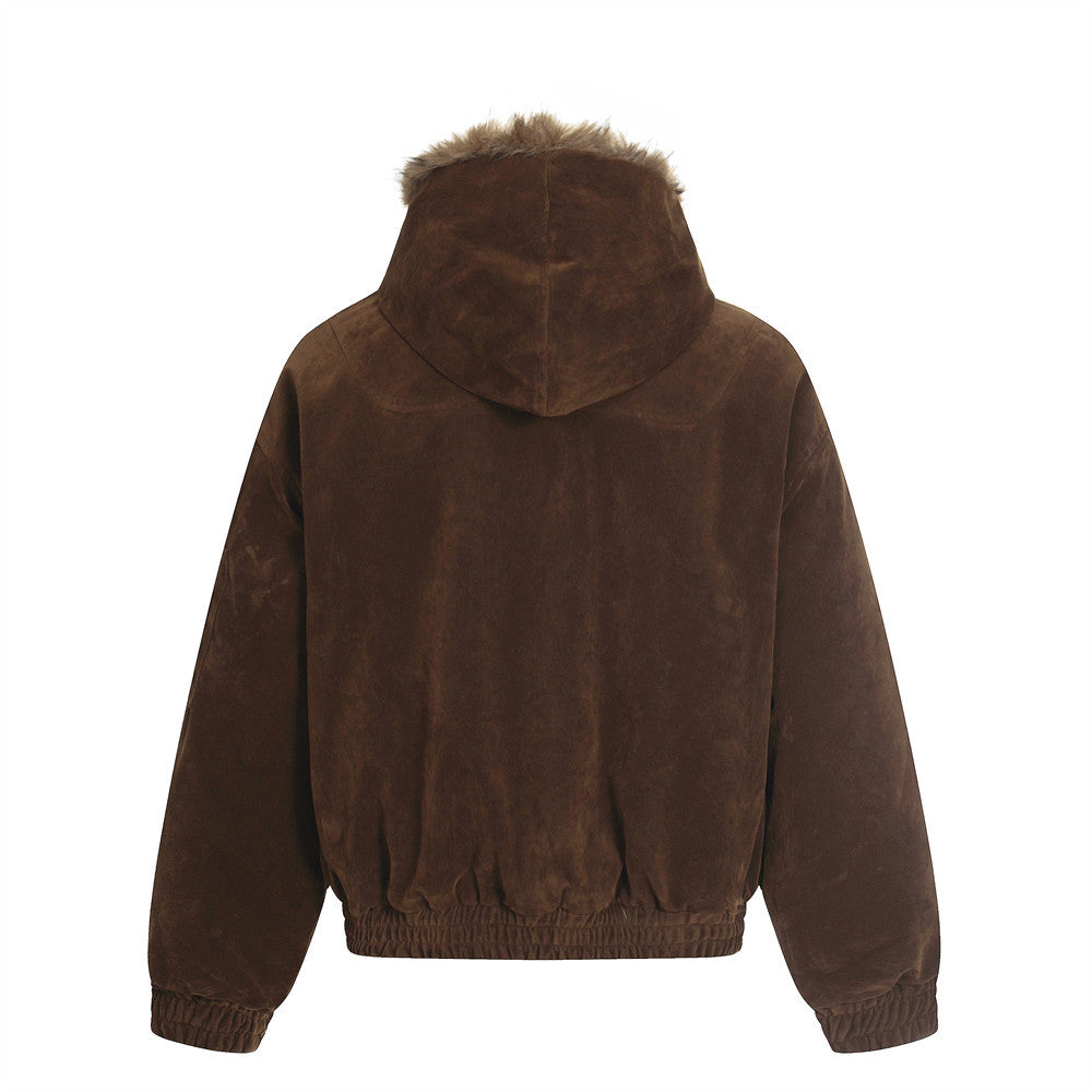 Faux Mink Fur-Trimmed Hooded Bomber Jacket with Toggle Clasps