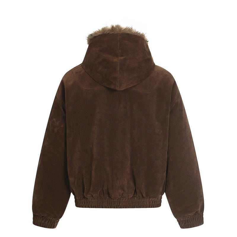 Faux Mink Fur-Trimmed Hooded Bomber Jacket with Toggle Clasps