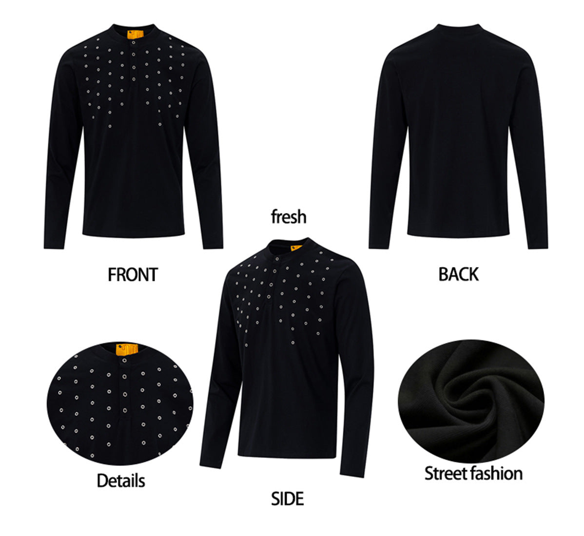 T-shirt Henley homme à manches longues avec détails à œillets – Coupe slim, style américain rétro