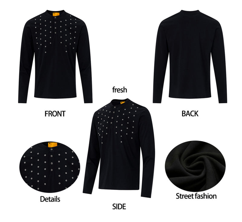 T-shirt Henley homme à manches longues avec détails à œillets – Coupe slim, style américain rétro