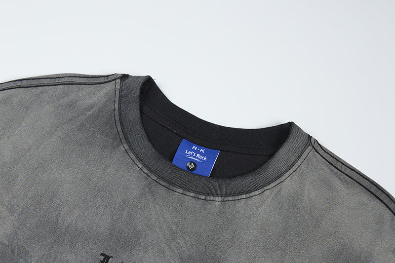 ダメージグラデーション半袖Tシャツ｜ウォッシュドブラック 裾カットオフ ストリートウェア