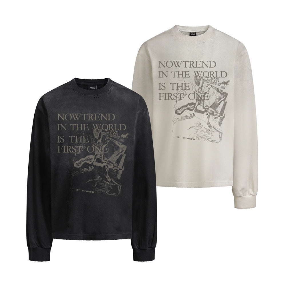 Langarm-T-Shirt aus verwaschener Baumwolle mit abstraktem Grafikprint – Rundhalsausschnitt