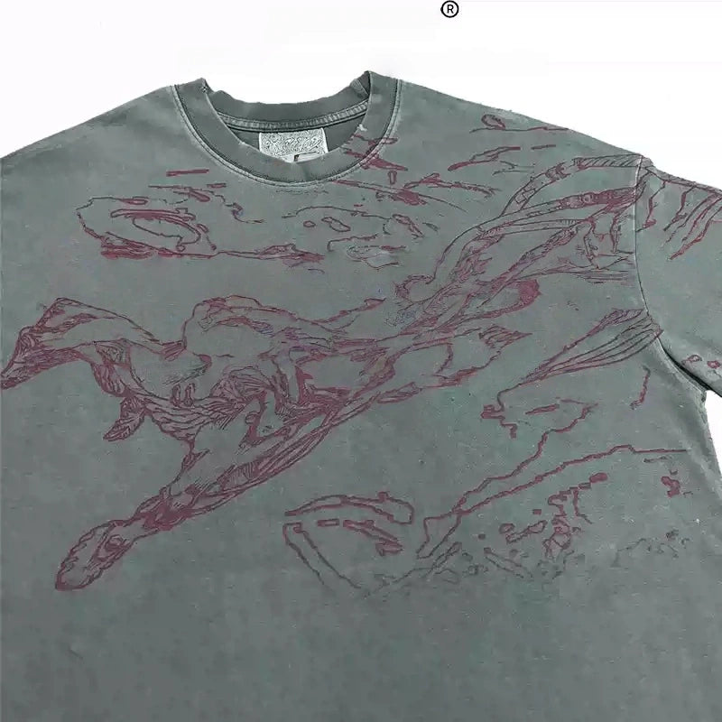 T-shirt graphique oversize gris délavé à l'acide, motif silhouette sombre