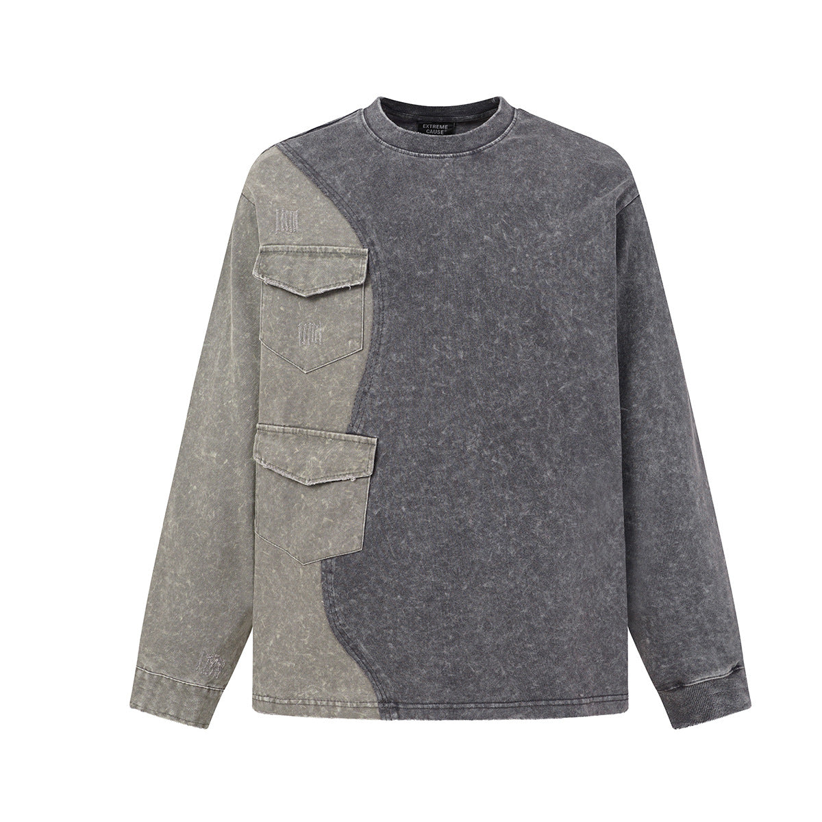 Acid wash colorblock long sleeve sweatshirt with cargo pockets in charcoal gray and washed black, front view