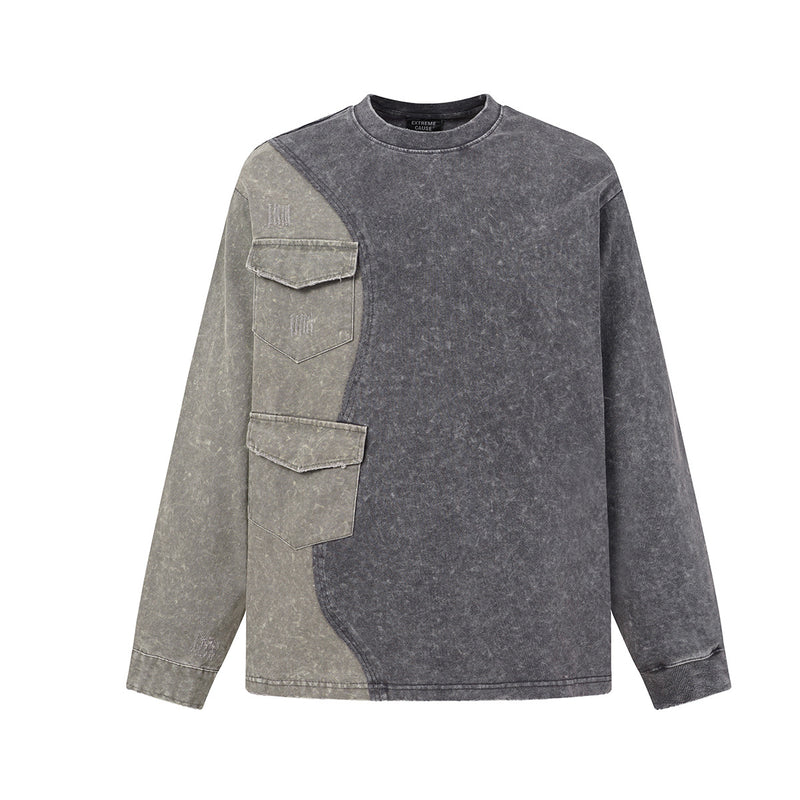 Acid wash colorblock long sleeve sweatshirt with cargo pockets in charcoal gray and washed black, front view