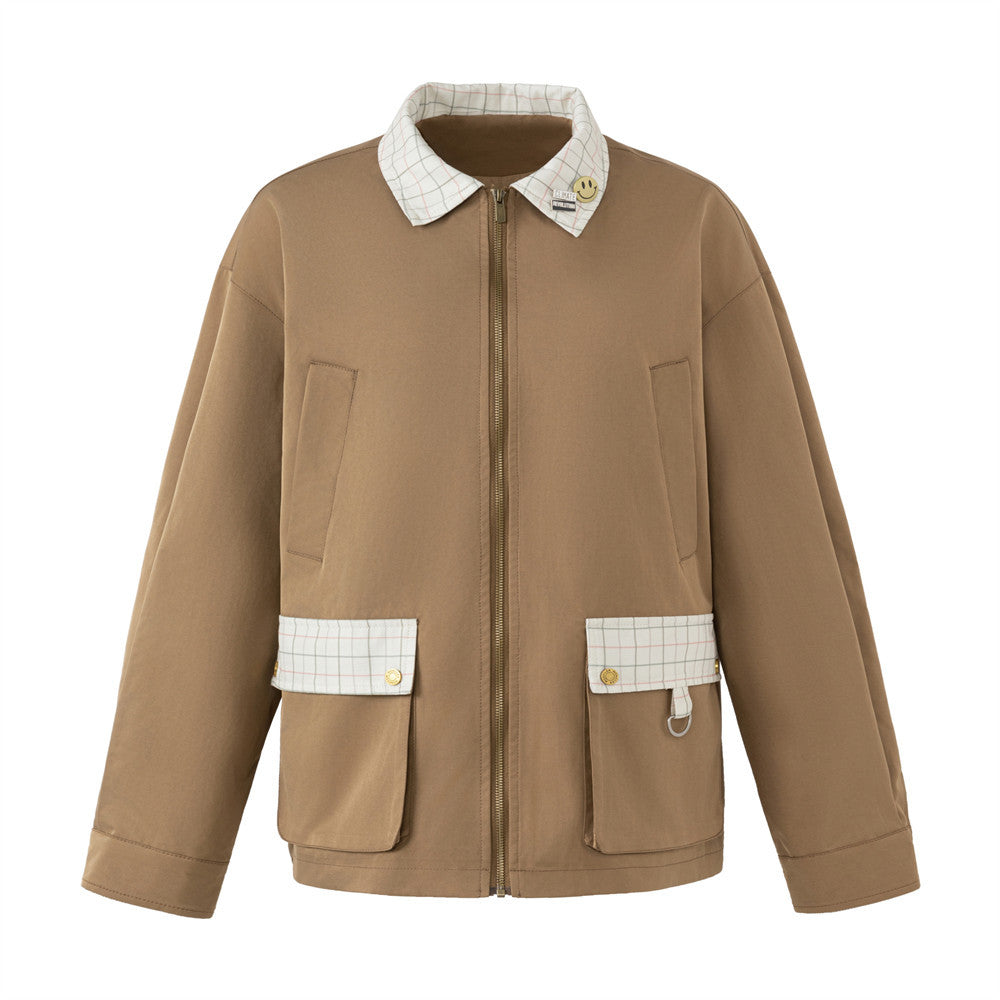 Men's khaki cargo zip jacket with white grid-plaid contrast collar and patch pockets, front and back view