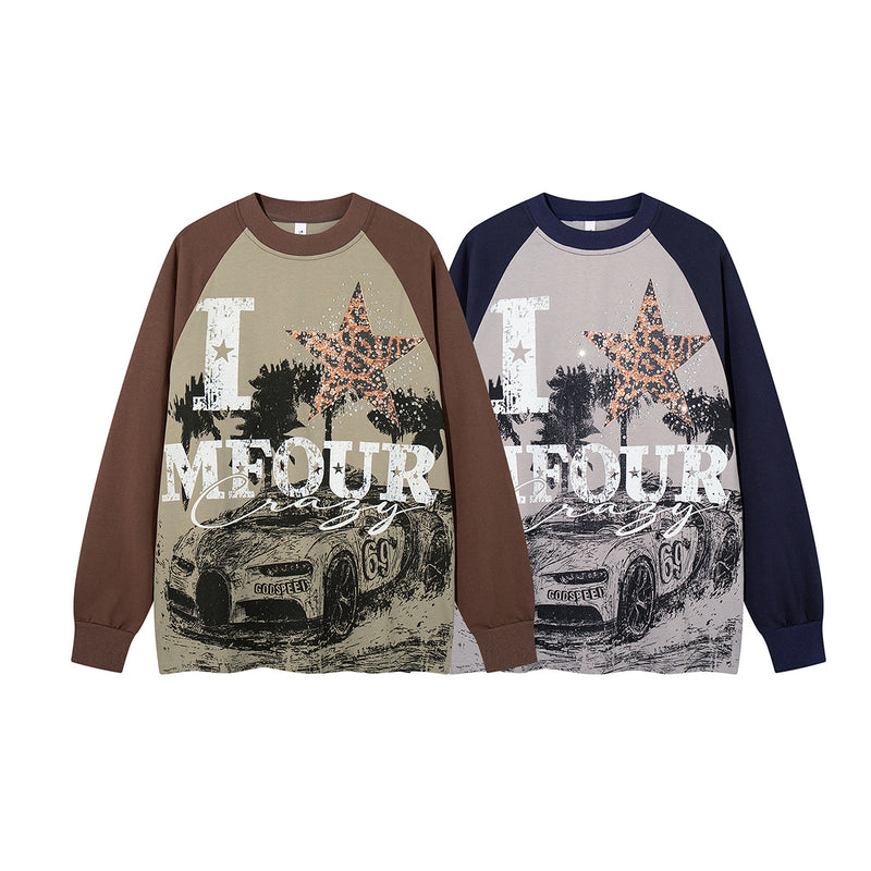 Long Sleeve Raglan Graphic T-Shirt – Oversized American Street Style with Star &