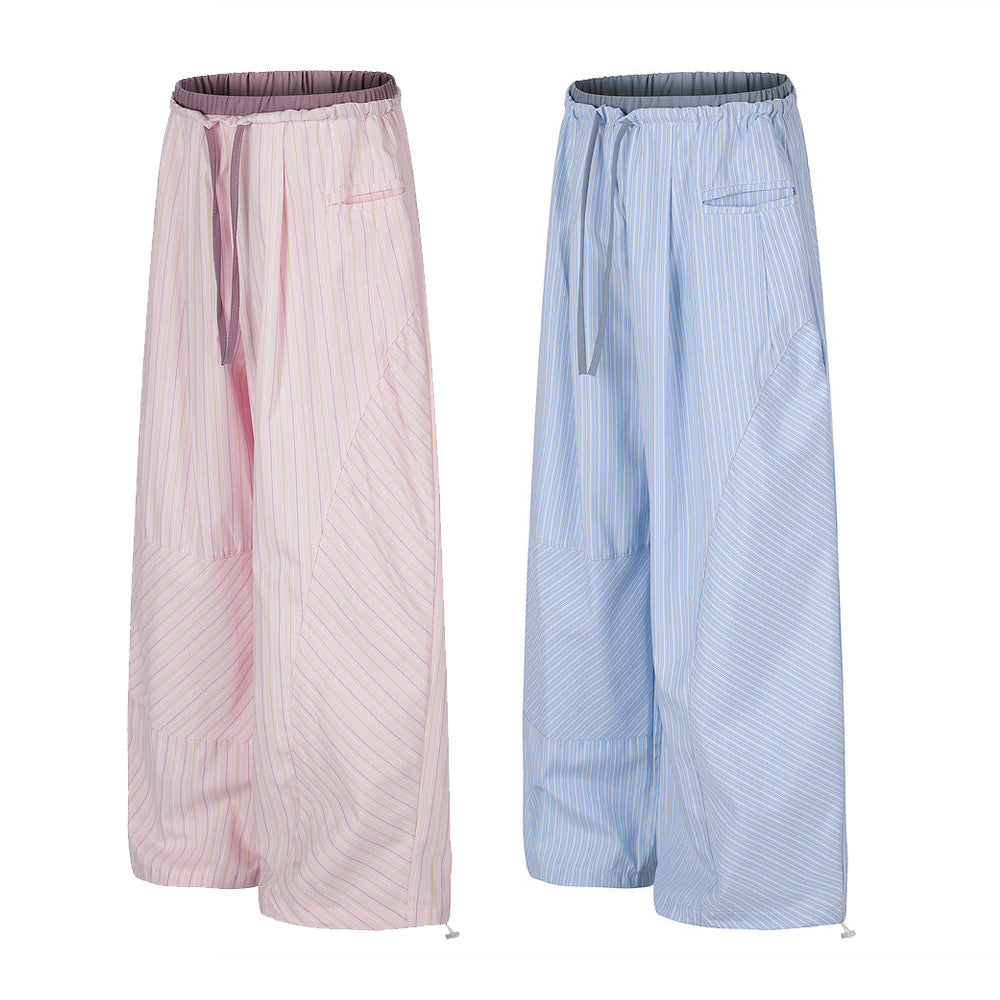 Japanese Striped Wide-Leg Pants – Irregular Patchwork Double Waistband Relaxed F