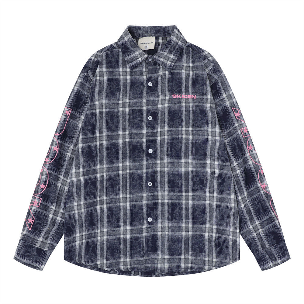 Men's oversized navy blue plaid long sleeve flannel shirt with pink SKICEN logo and star sleeve graphics