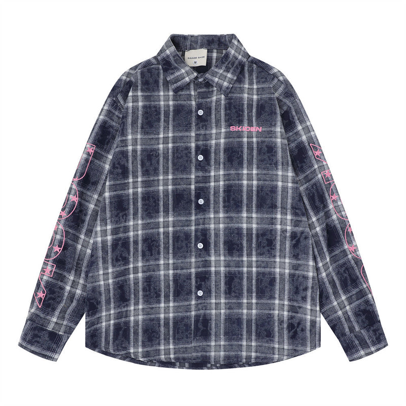Men's oversized navy blue plaid long sleeve flannel shirt with pink SKICEN logo and star sleeve graphics