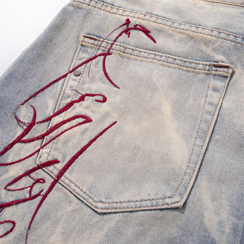 Tie-Dye Washed Denim Shorts – Wide-Leg Embroidered Vintage Punk Style