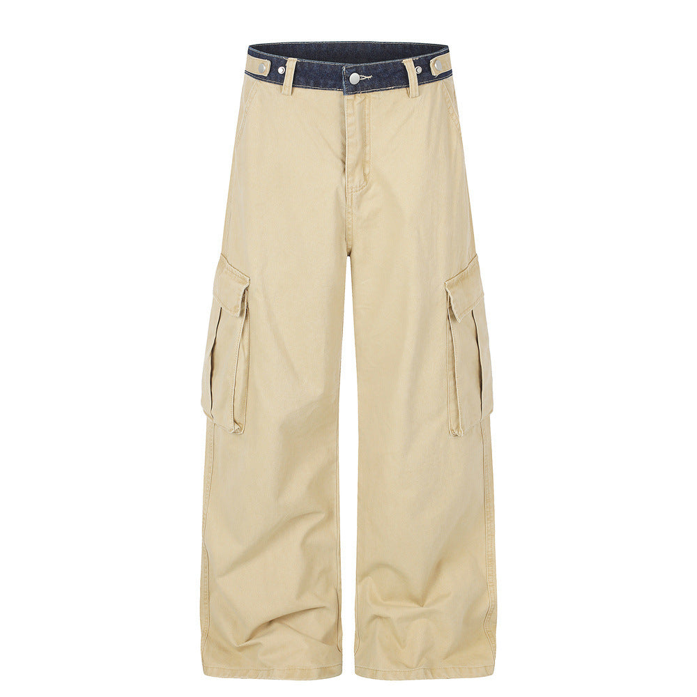 Herren-Cargohose in Khaki mit weitem, geradem Bein und kontrastierendem Denim-Bund