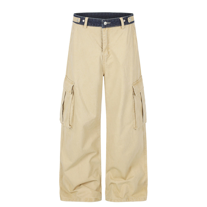 Herren-Cargohose in Khaki mit weitem, geradem Bein und kontrastierendem Denim-Bund