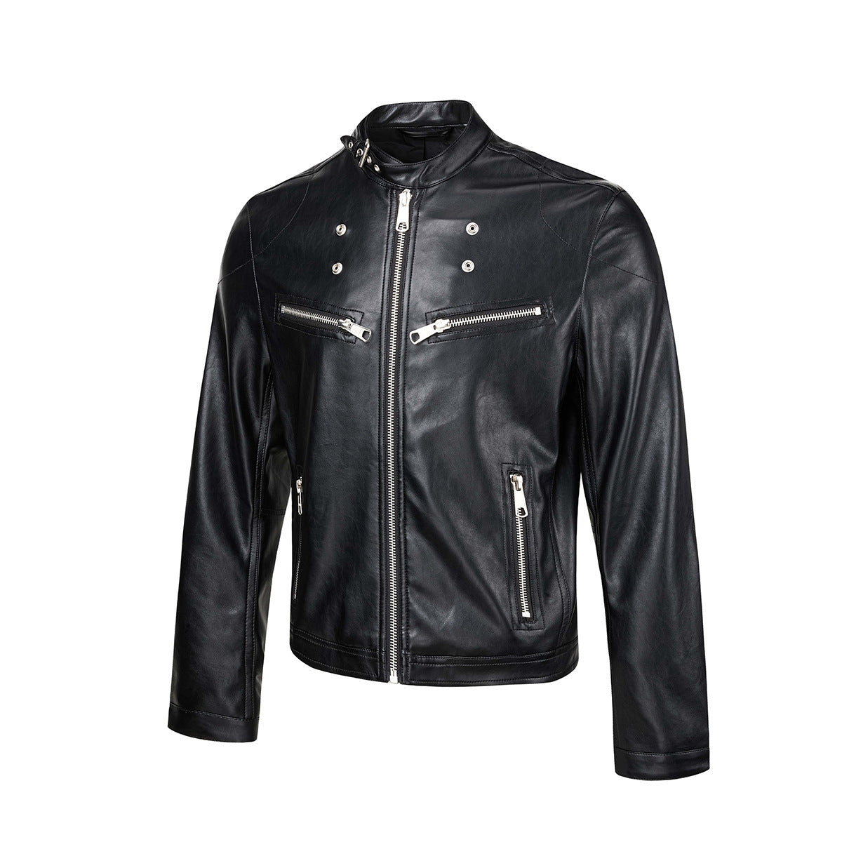 Black PU Leather Moto Jacket – Vintage Biker Style with Stand Collar & Silver