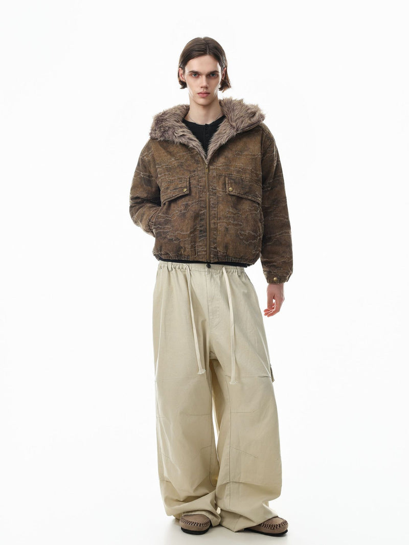 Camo Jacquard Padded Bomber Jacket with Faux Fur Hood