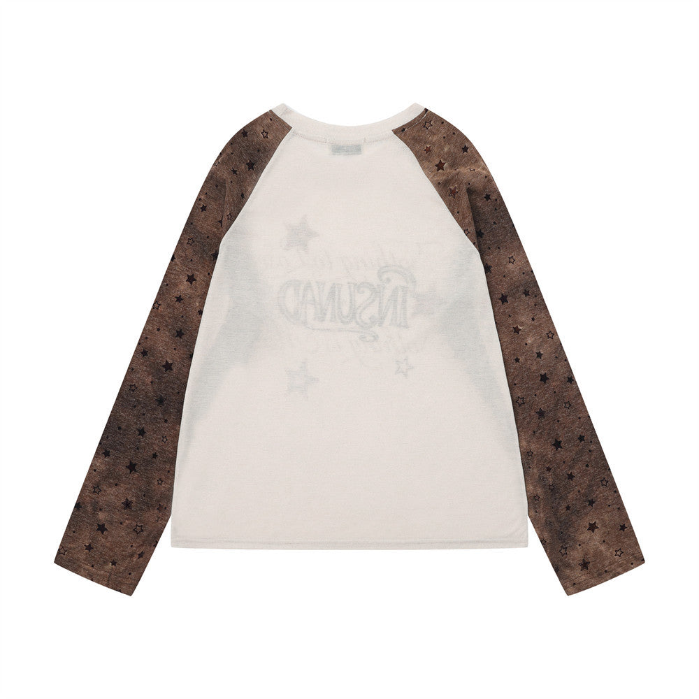 T-shirt homme raglan à manches longues avec manches imprimées d'étoiles et motif graphique sur le devant