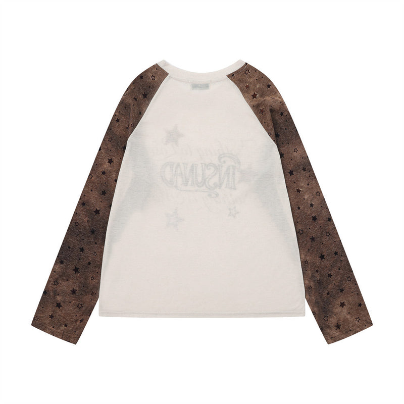 T-shirt homme raglan à manches longues avec manches imprimées d'étoiles et motif graphique sur le devant