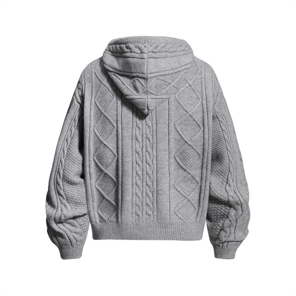 Sweat à capuche zippé en maille torsadée à motif losanges et capuche à cordon