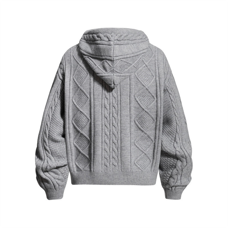 Sweat à capuche zippé en maille torsadée à motif losanges et capuche à cordon