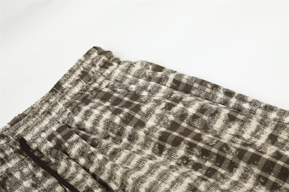 Brown Plaid Wide-Leg Pants – Distressed Tie-Dye Vintage Loose Straight Trousers