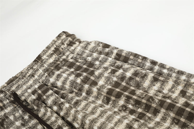 Brown Plaid Wide-Leg Pants – Distressed Tie-Dye Vintage Loose Straight Trousers