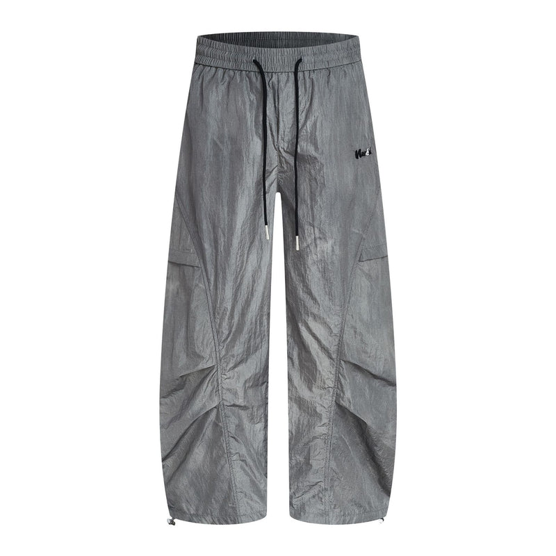 Wide-Leg Parachute Cargo Pants – Oversized Crinkle Nylon Drawstring Trousers