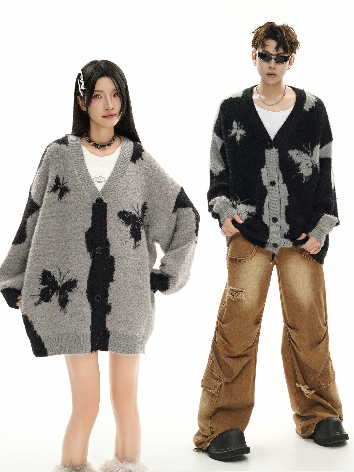 Gilet cardigan en maille jacquard papillon – Col V oversize, maille couple