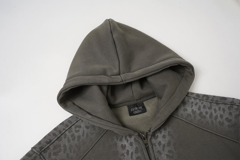Oversized Leopard Print Zip-Up Hoodie – Fleece-Lined American Streetwear
