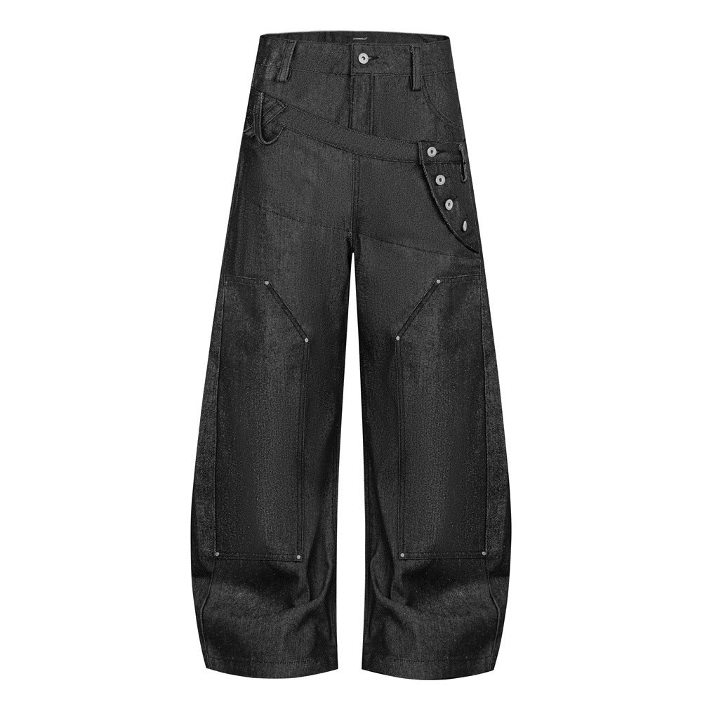 Jean wide leg noir homme avec double ceinture et empiècement diagonal