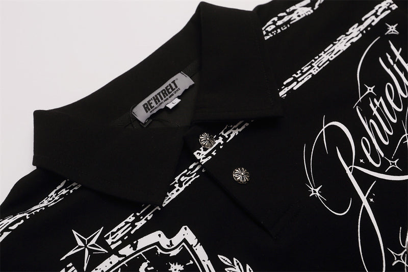 Men's Graphic Print Polo Layered Long-Sleeve Shirt – Streetwear Hip-Hop Style