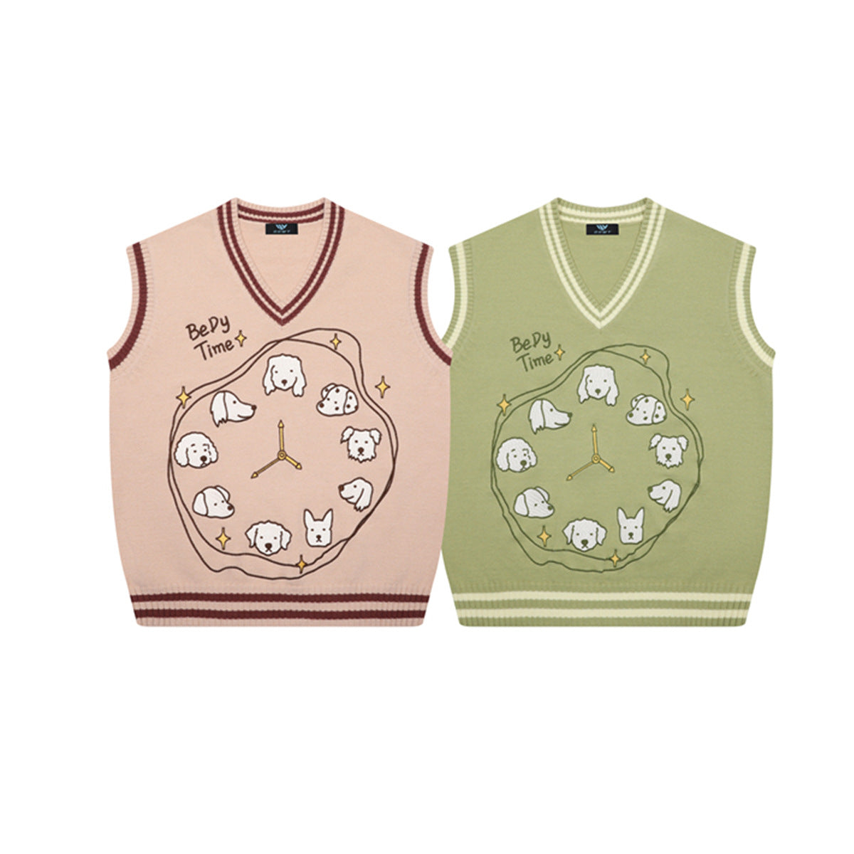 V-Neck Sweater Vests – Cute Dog Clock Jacquard Knit Preppy Style