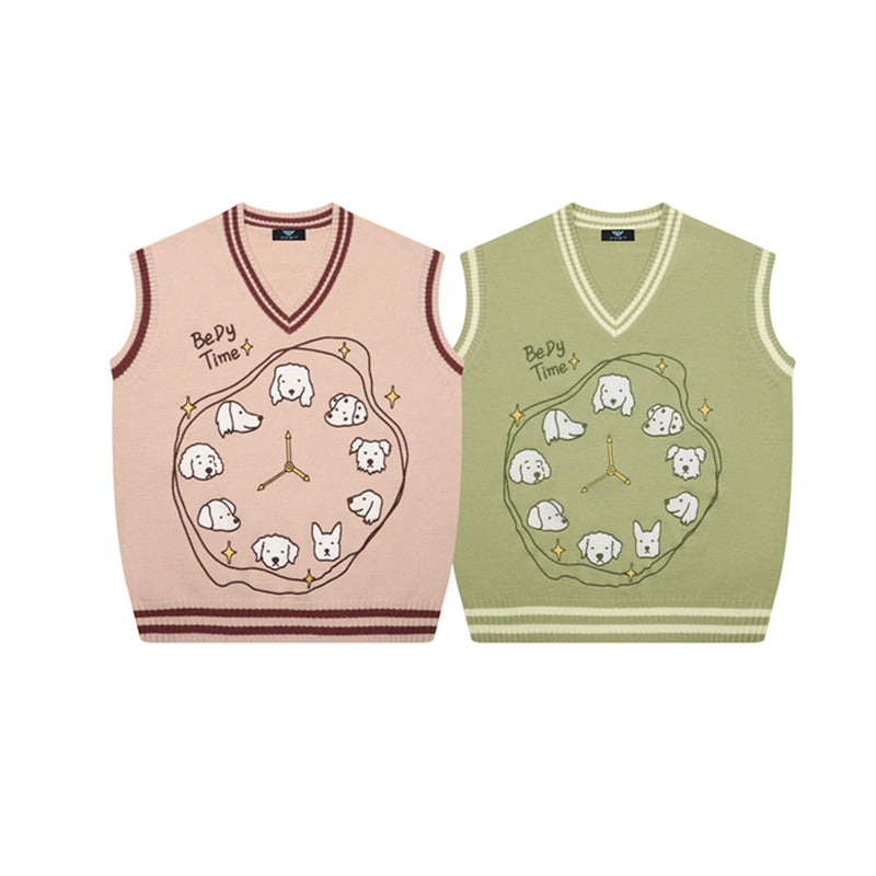 V-Neck Sweater Vests – Cute Dog Clock Jacquard Knit Preppy Style
