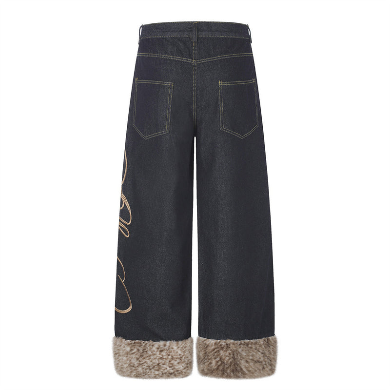 Wide-Leg Jeans Men – Dark Wash Denim with Script Embroidery & Faux Fur Cuffs