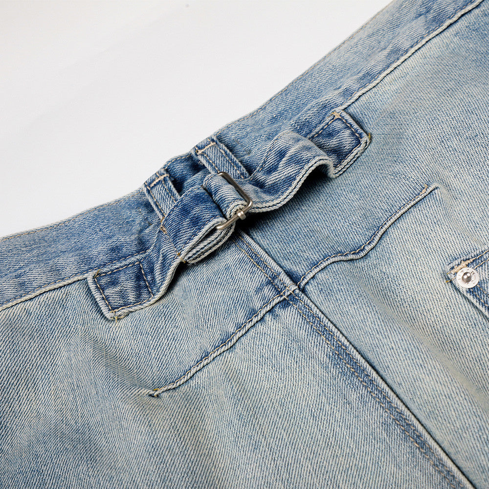 Barrel Leg Jeans Vintage Washed Wide-Leg Denim Pants with Pocket Detail