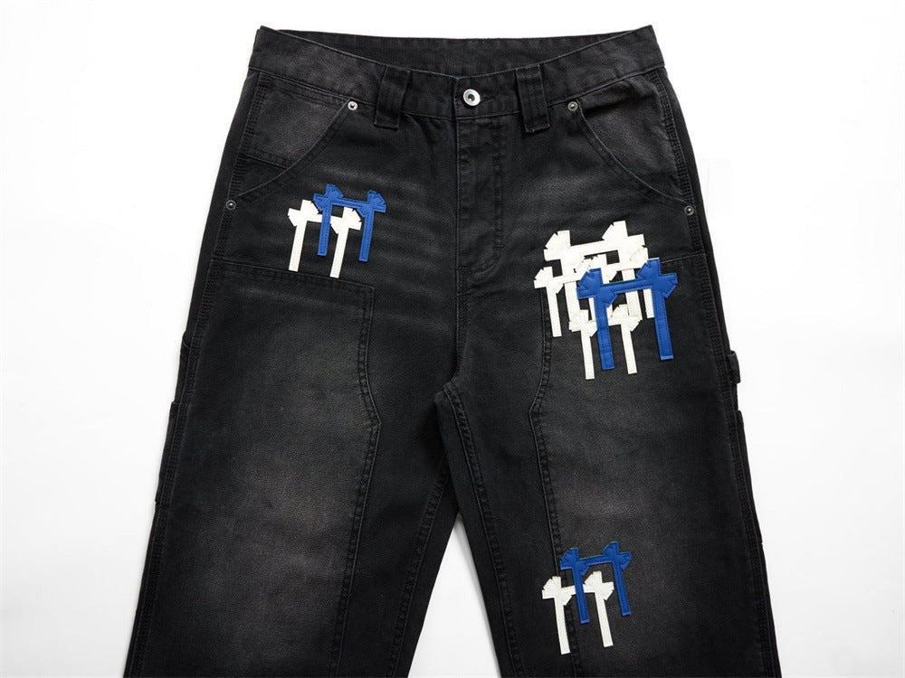 Black Washed Wide-Leg Cargo Jeans with Cross Embroidery Patches