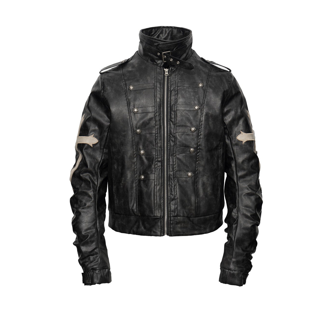 Gothic Cross Moto Jacket – Padded Faux Leather with Military Buttons & Cross