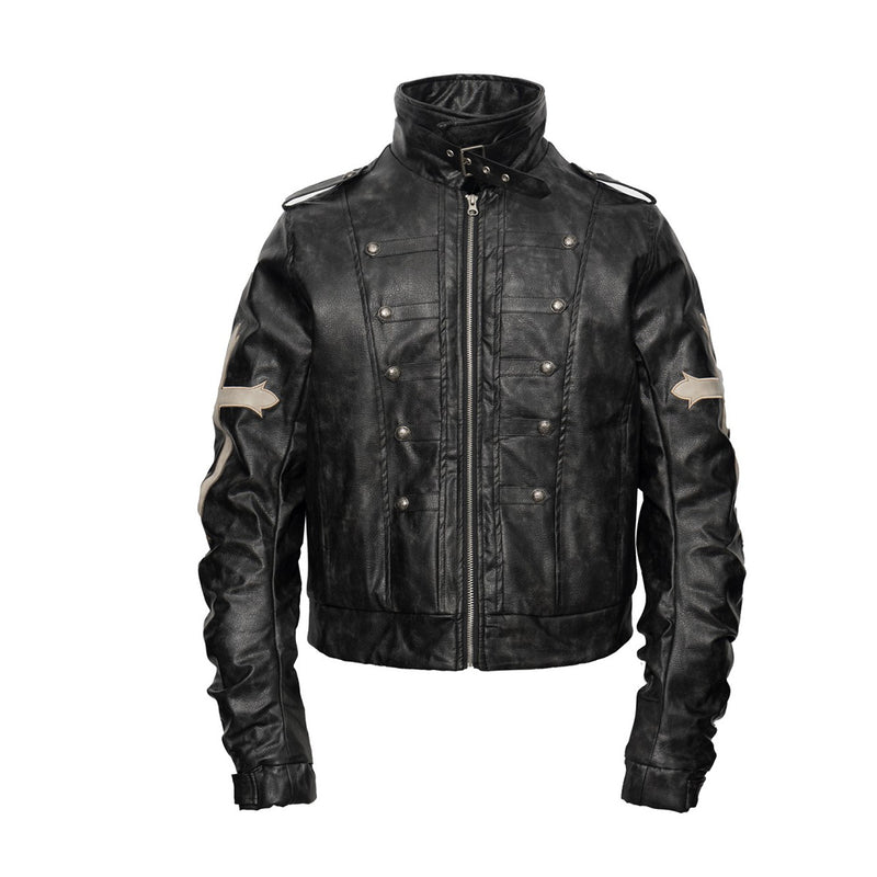 Gothic Cross Moto Jacket – Padded Faux Leather with Military Buttons & Cross