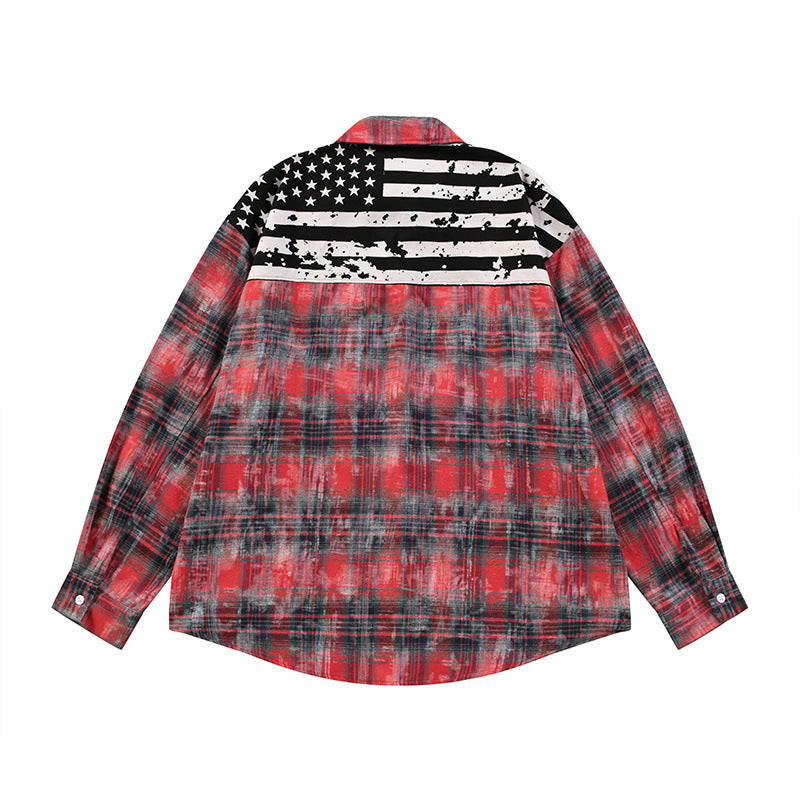 Washed Plaid Long Sleeve Shirt with American Flag Patchwork – Oversized