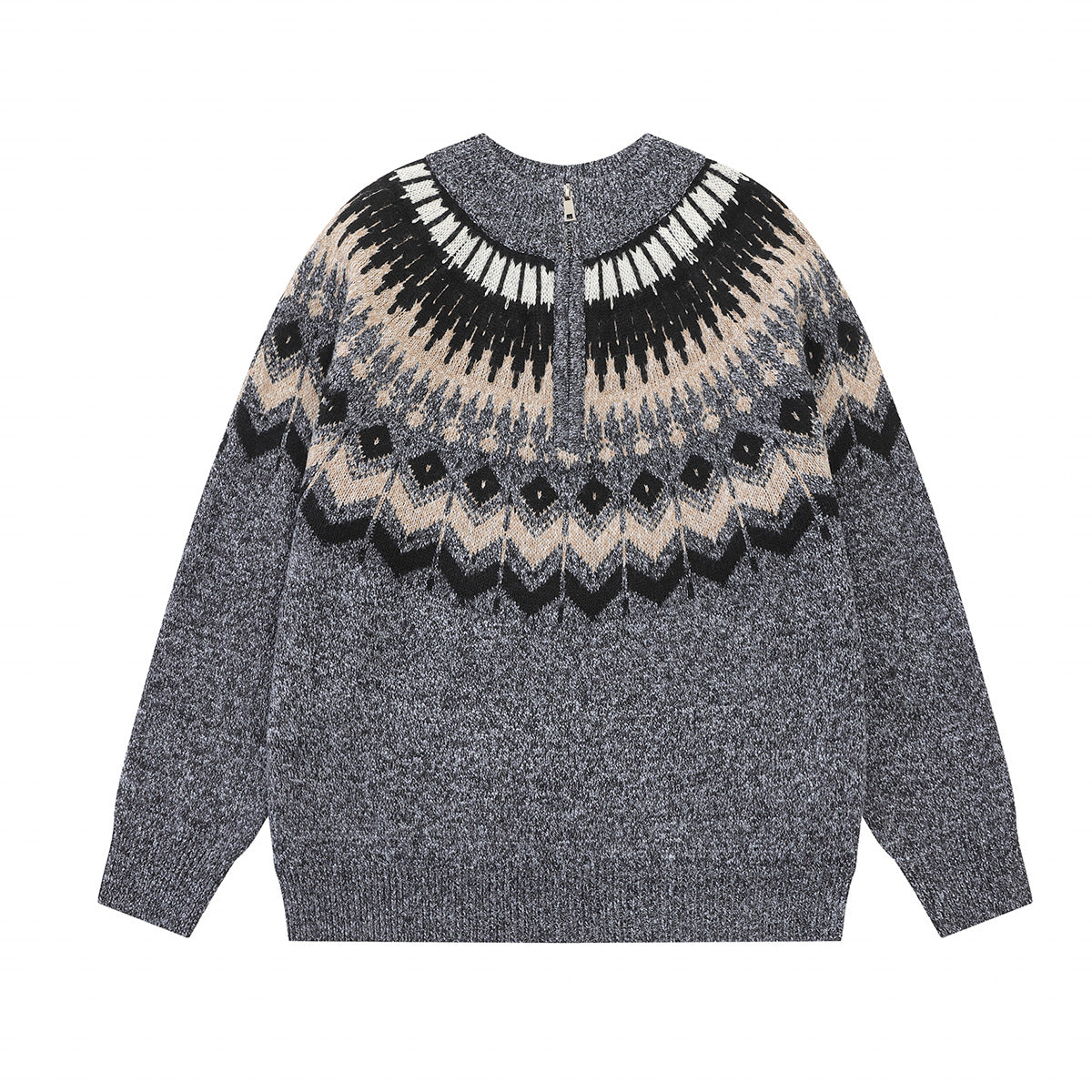 Fair Isle Jacquard Knit Zip-Up Sweater – Vintage Half-Zip Pullover