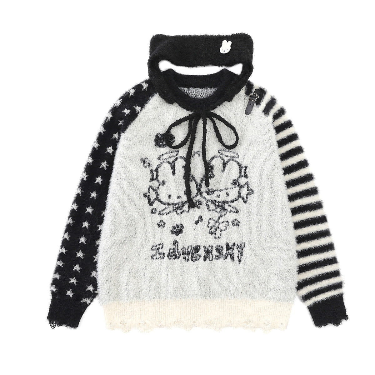 Cartoon Rabbit Angel Knit Sweater – Mixed Star & Stripe Fuzzy Pullover with