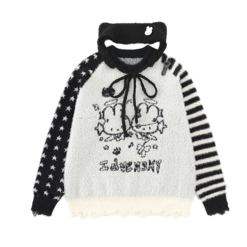 Cartoon Rabbit Angel Knit Sweater – Mixed Star & Stripe Fuzzy Pullover with
