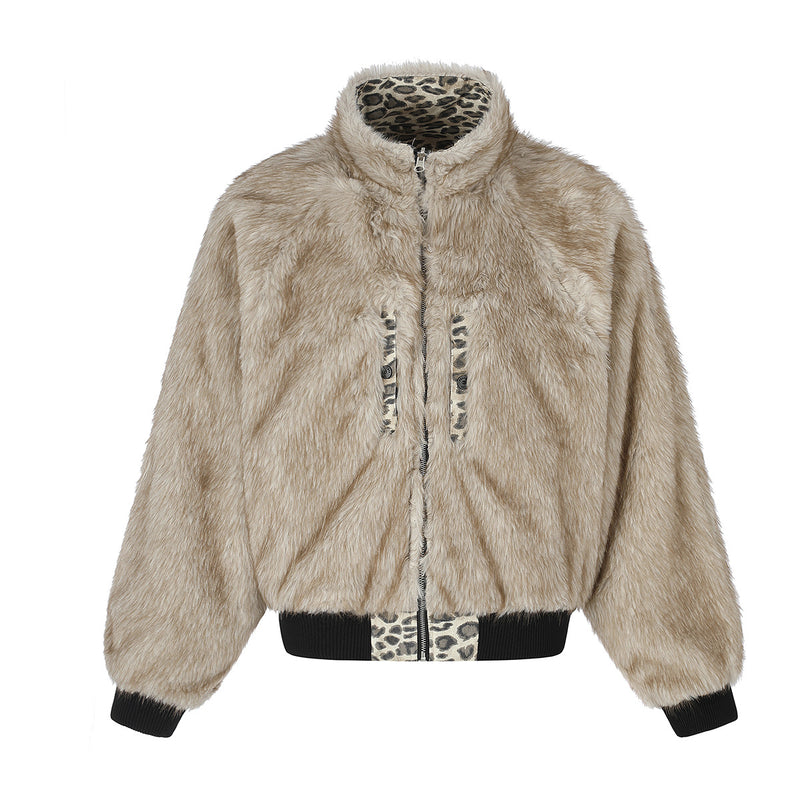 Reversible Faux Fur & Leopard Print Bomber Jacket – Oversized Retro American