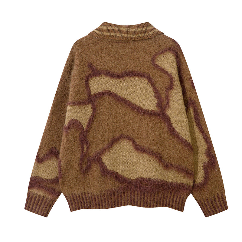 Abstract Camo Jacquard Polo Collar Knit Sweater – Oversized Streetwear Pullover