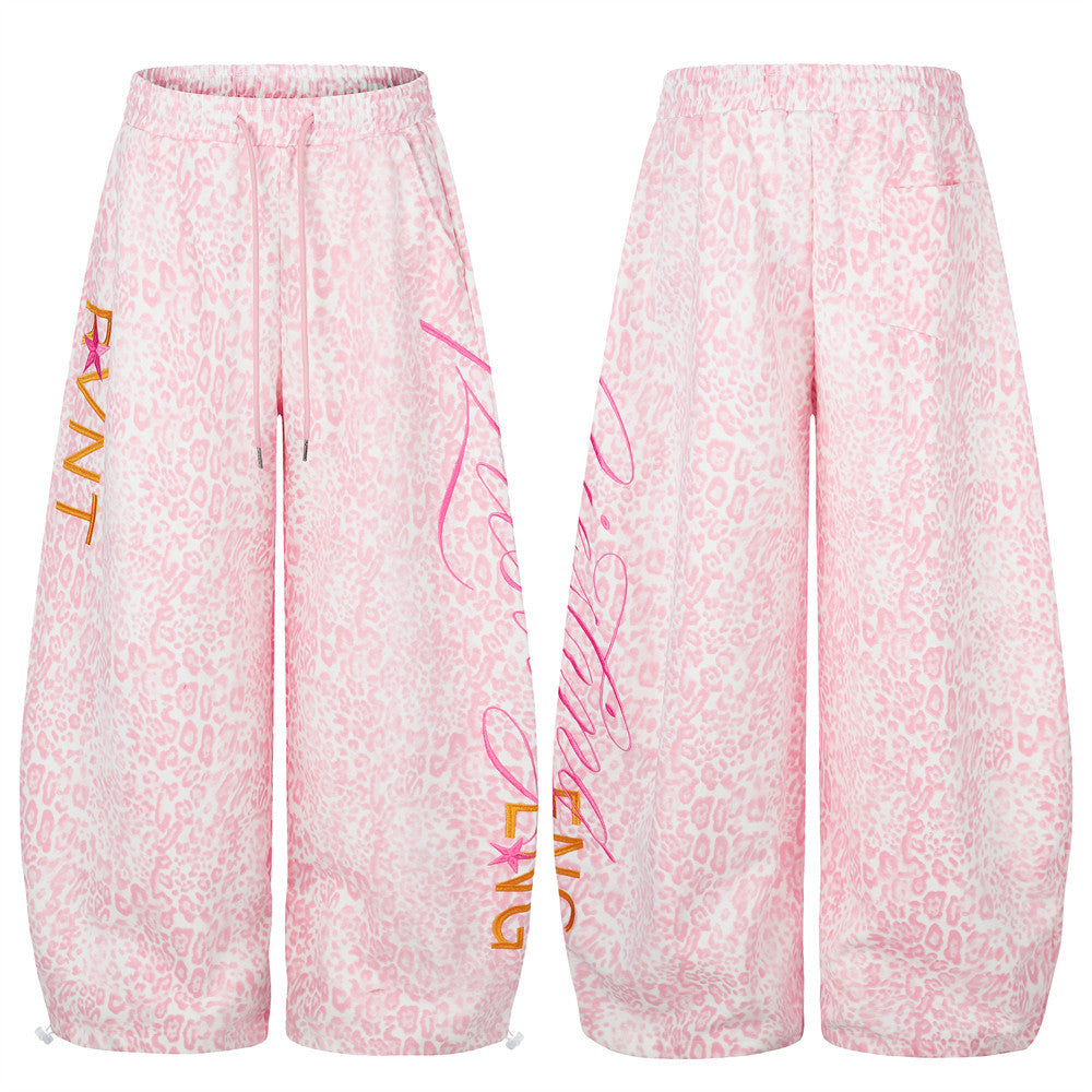 Pink leopard print wide-leg sweatpants with gold and pink letter embroidery, front and back view, streetwear style