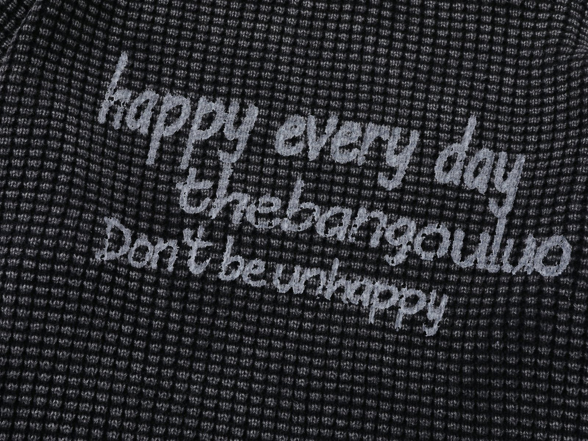 Men's Washed Distressed Waffle Knit Sweater with Graphic Lettering
