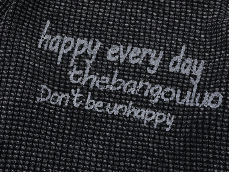 Men's Washed Distressed Waffle Knit Sweater with Graphic Lettering