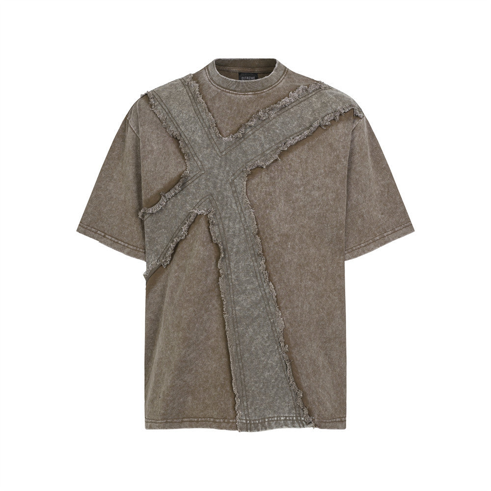 Men's Oversized Washed Cotton Tee with Frayed Cross Patchwork Design