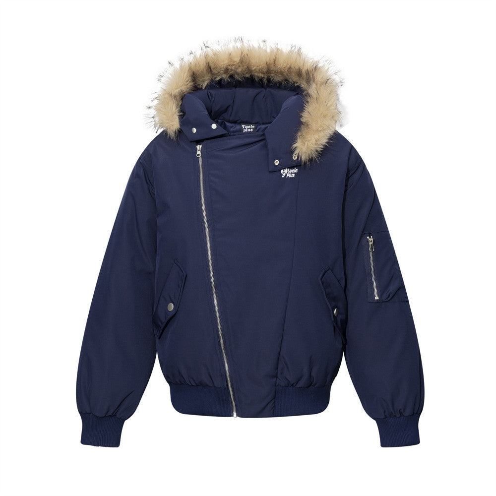 Oversized hooded bomber jacket with diagonal zip and faux fur trim hood in navy blue, front view
