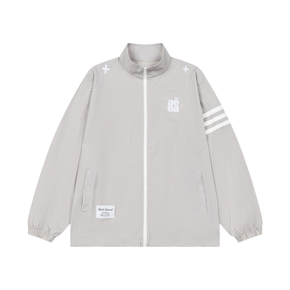 AEEA Oversized Stand Collar Track Jacket with Three-Stripe Sleeves