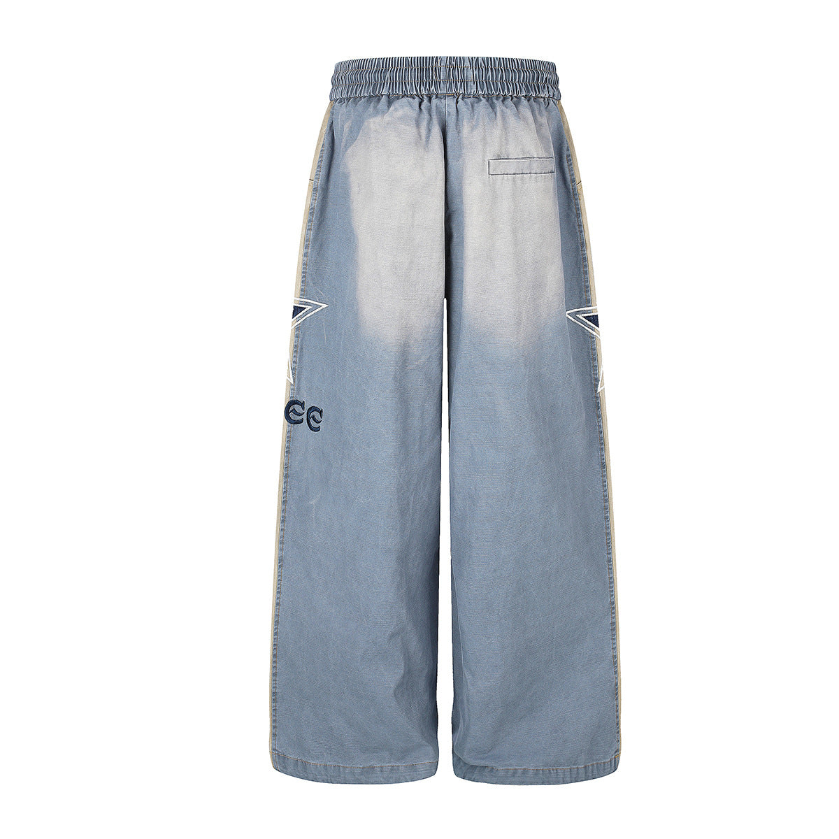 Jean wide leg délavé color block avec écusson étoile – Style street américain décontracté